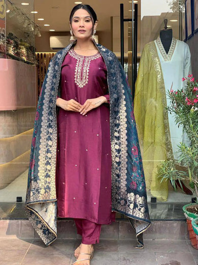 Enchanting Burgundy Color Rayon Event Wear Pant Suit With Dupatta